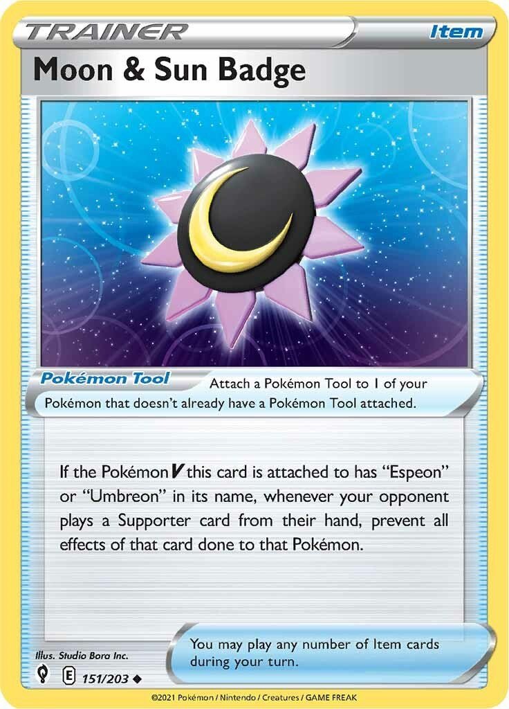 Pokemon Moon & Sun Badge 151/203 SWSH07: Evolving Skies Reverse Holo