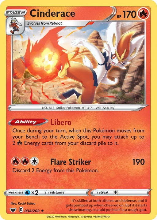 Pokemon Cinderace (034) 034/202 SWSH01: Sword & Shield Base Set Reverse Holo - Eterna Cards