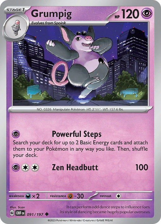 Pokemon Grumpig 091/197 SV03: Obsidian Flames Reverse Holo - EternaCards
