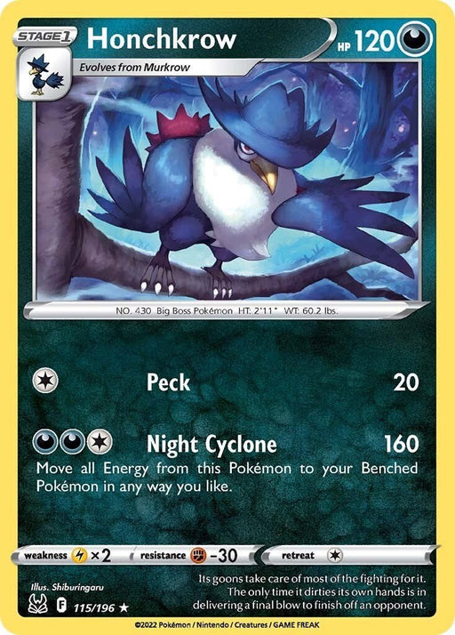Pokemon Honchkrow 115/196 SWSH11: Lost Origin Reverse Holo - EternaCards