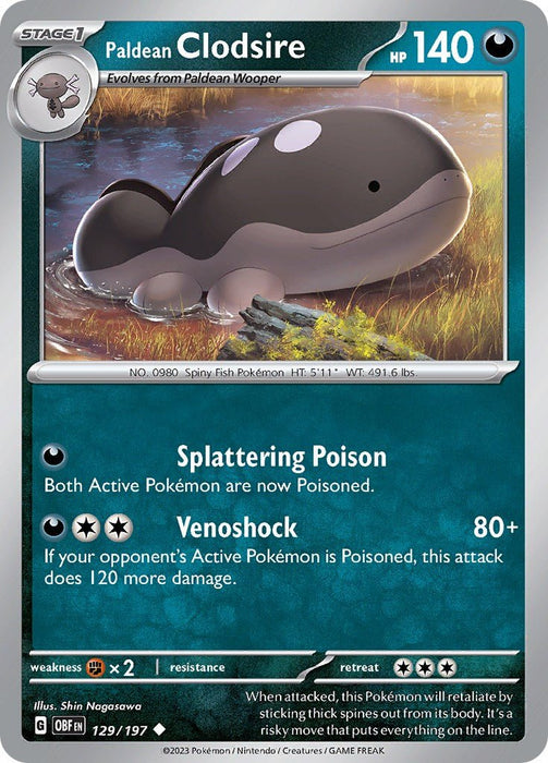 Pokemon Paldean Clodsire - 129/197 129/197 SV03: Obsidian Flames Reverse Holo - EternaCards