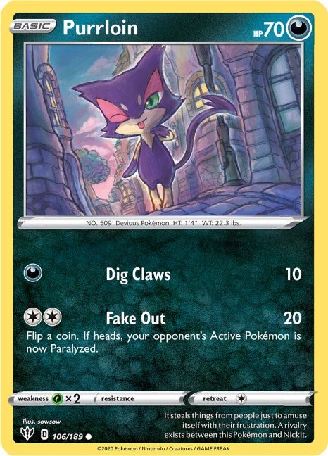 Pokemon Purrloin 106/189 SWSH03: Darkness Ablaze Normal - Eterna Cards