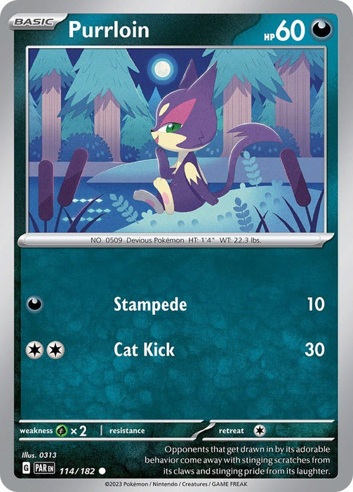 Pokemon Purrloin 114/182 SV04: Paradox Rift Reverse Holo - EternaCards