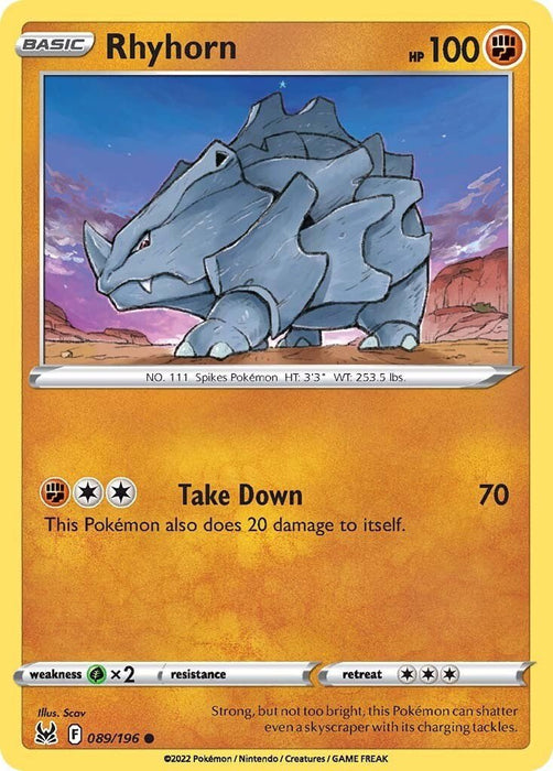 Pokemon Rhyhorn 089/196 SWSH11: Lost Origin Reverse Holo - EternaCards