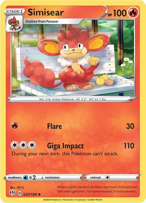 Pokemon Simisear 027/189 SWSH03: Darkness Ablaze Reverse Holo - EternaCards