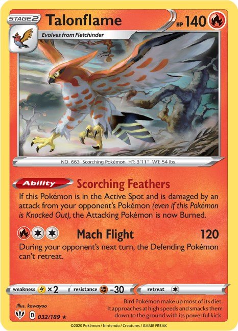Pokemon Talonflame 032/189 SWSH03: Darkness Ablaze Reverse Holo - EternaCards