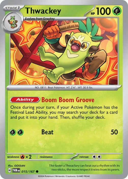 Pokemon Thwackey 015/167 SV06: Twilight Masquerade Reverse Holo - EternaCards